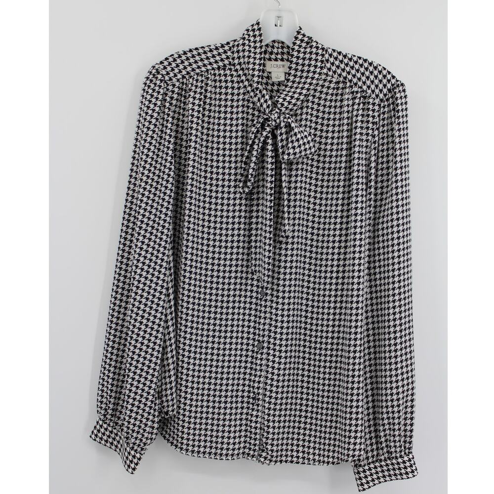 J Crew XL Long Sleeve Bow Top Trendy Houndstooth Check Print Black White Career